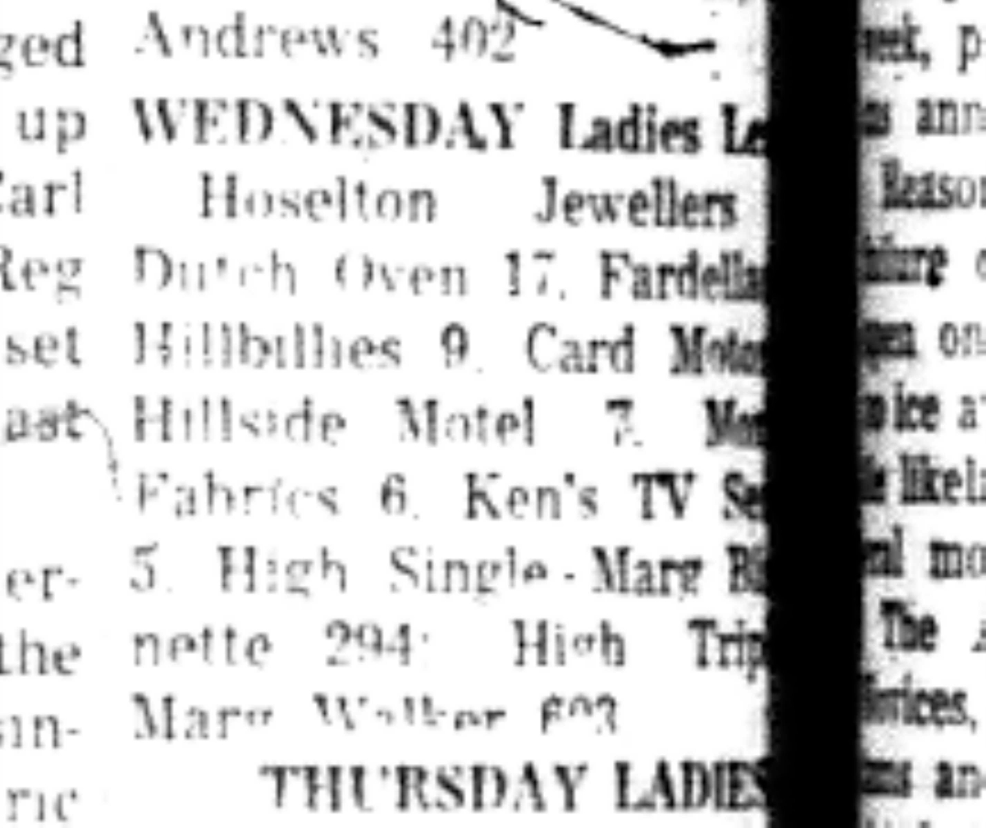 1966-10-05 Bowling -Ladies -Wednesday League Results