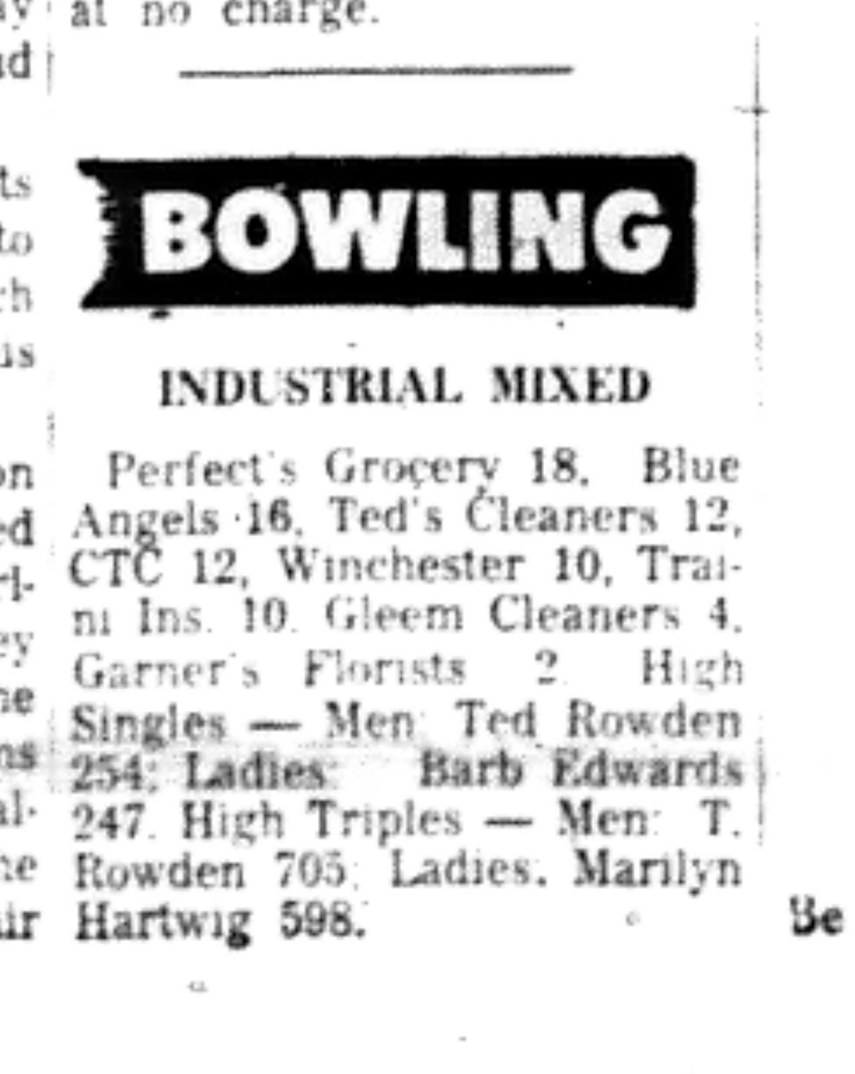 1966-10-05 Bowling -Mixed -Industrial League Results