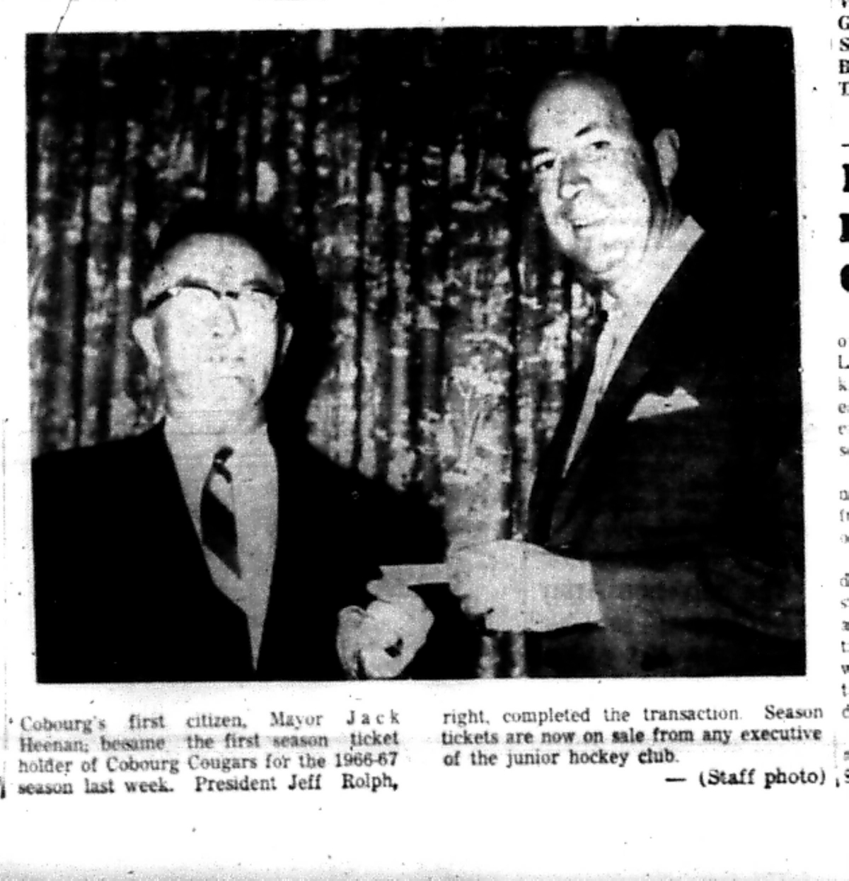 1966-10-05 Hockey -Men -Cobourg Mayor Accepts Season Ticket