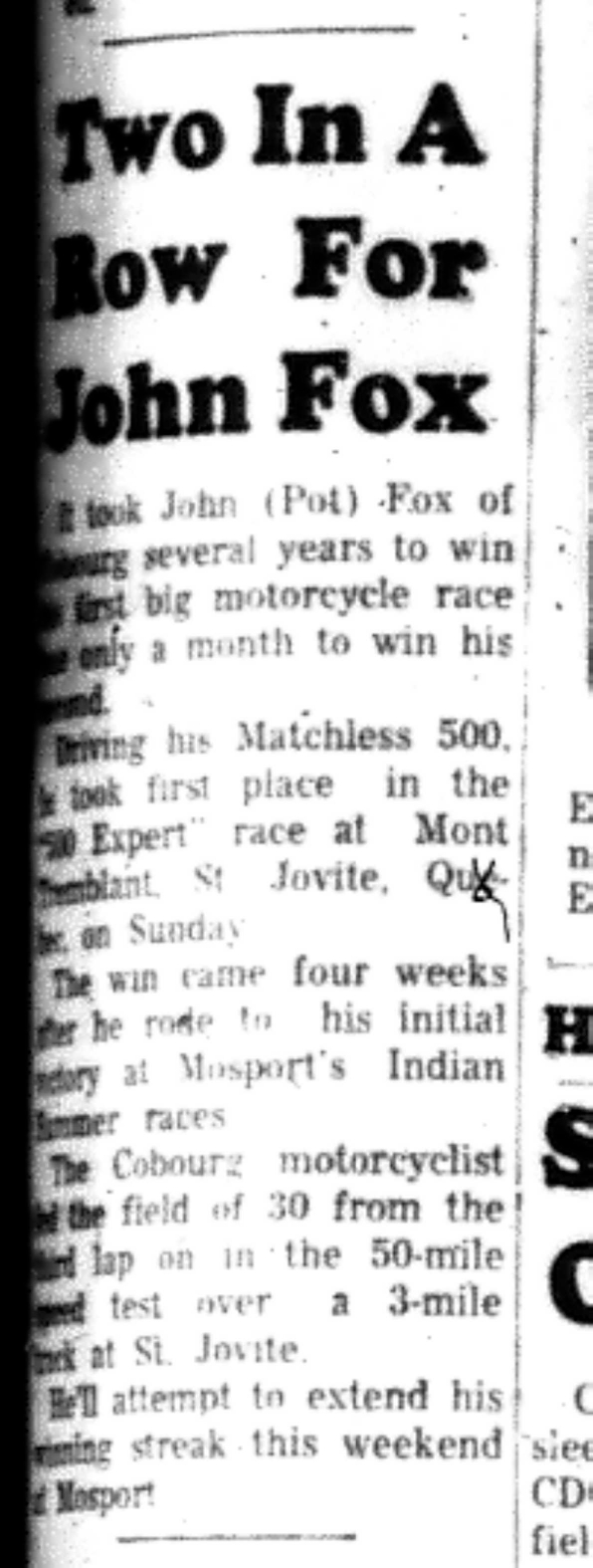 1966-10-05 Motorcycle Racing -Men -Cobourg Man Wins Motercycle Race