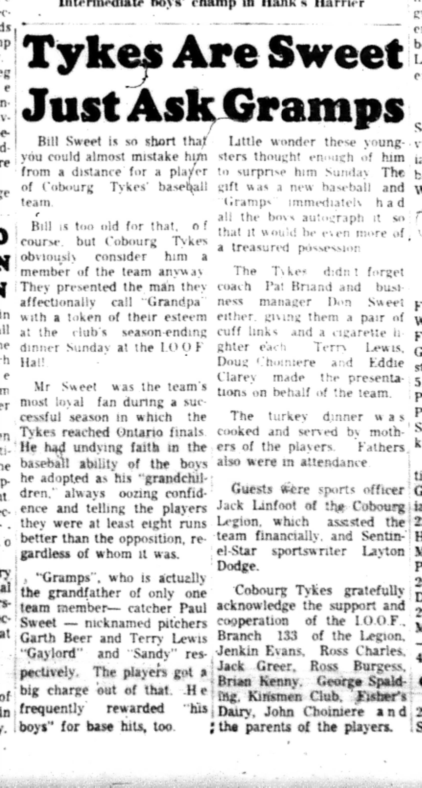 1966-10-12 Baseball -Boys -Cobourg Tykes Key Player