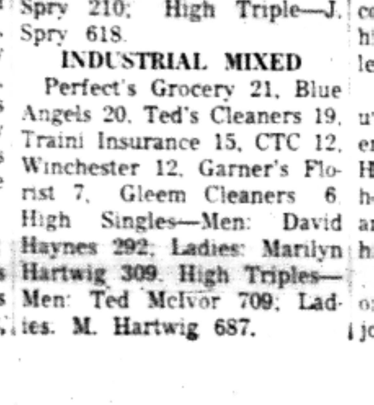 1966-10-12 Bowling -Mixed -Industrial League Results