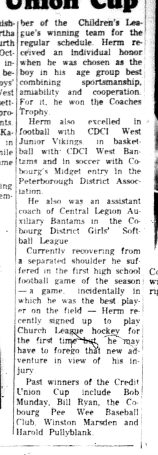1966-10-19 Sports -Mixed -Cobourg Athelete Of The Year-D