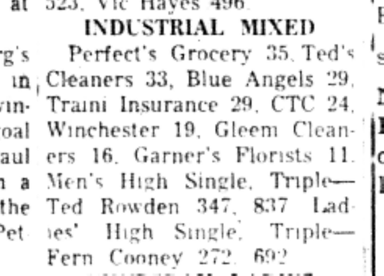 1966-11-02 Bowling -Mixed -Industrial League Results