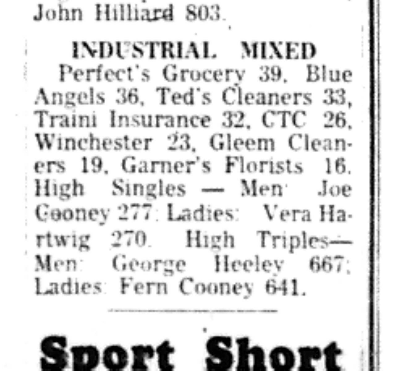 1966-11-09 Bowling -Mixed -Industrial League Results