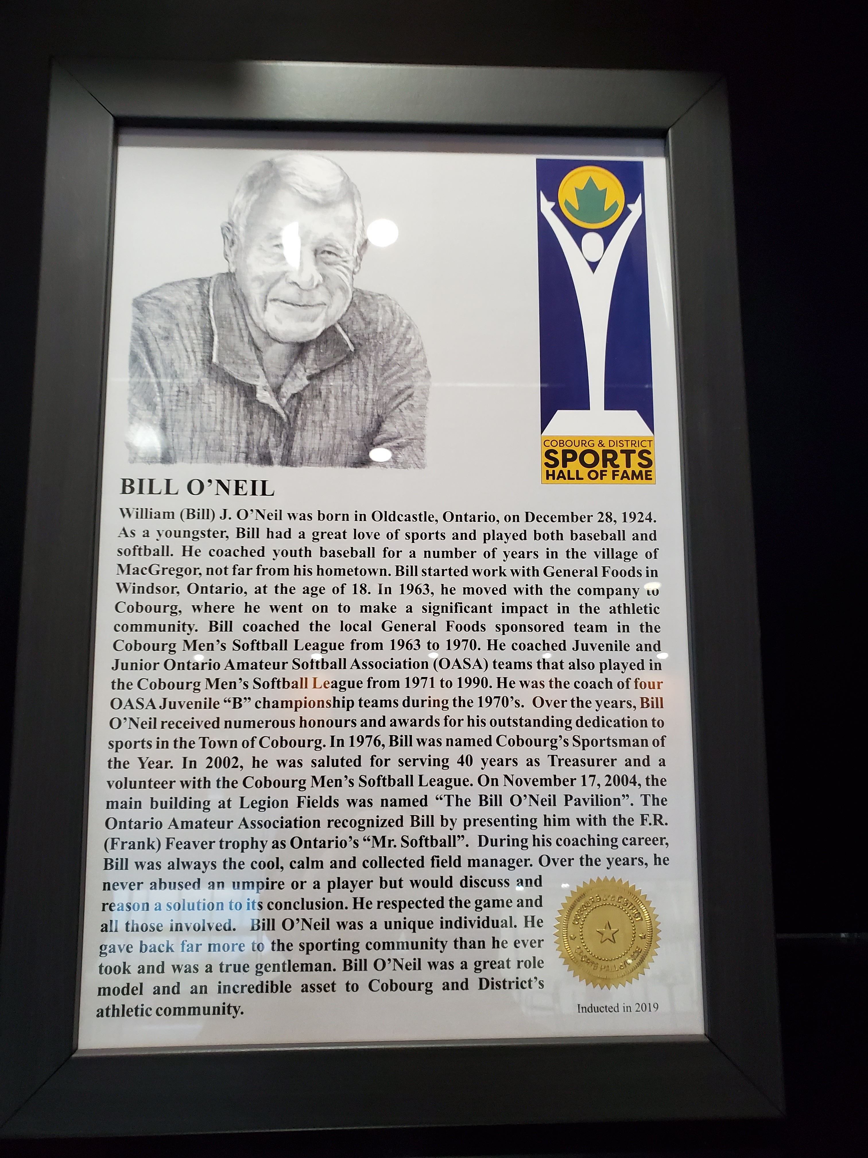 2019 Bill O'Neil Induction Certificate
