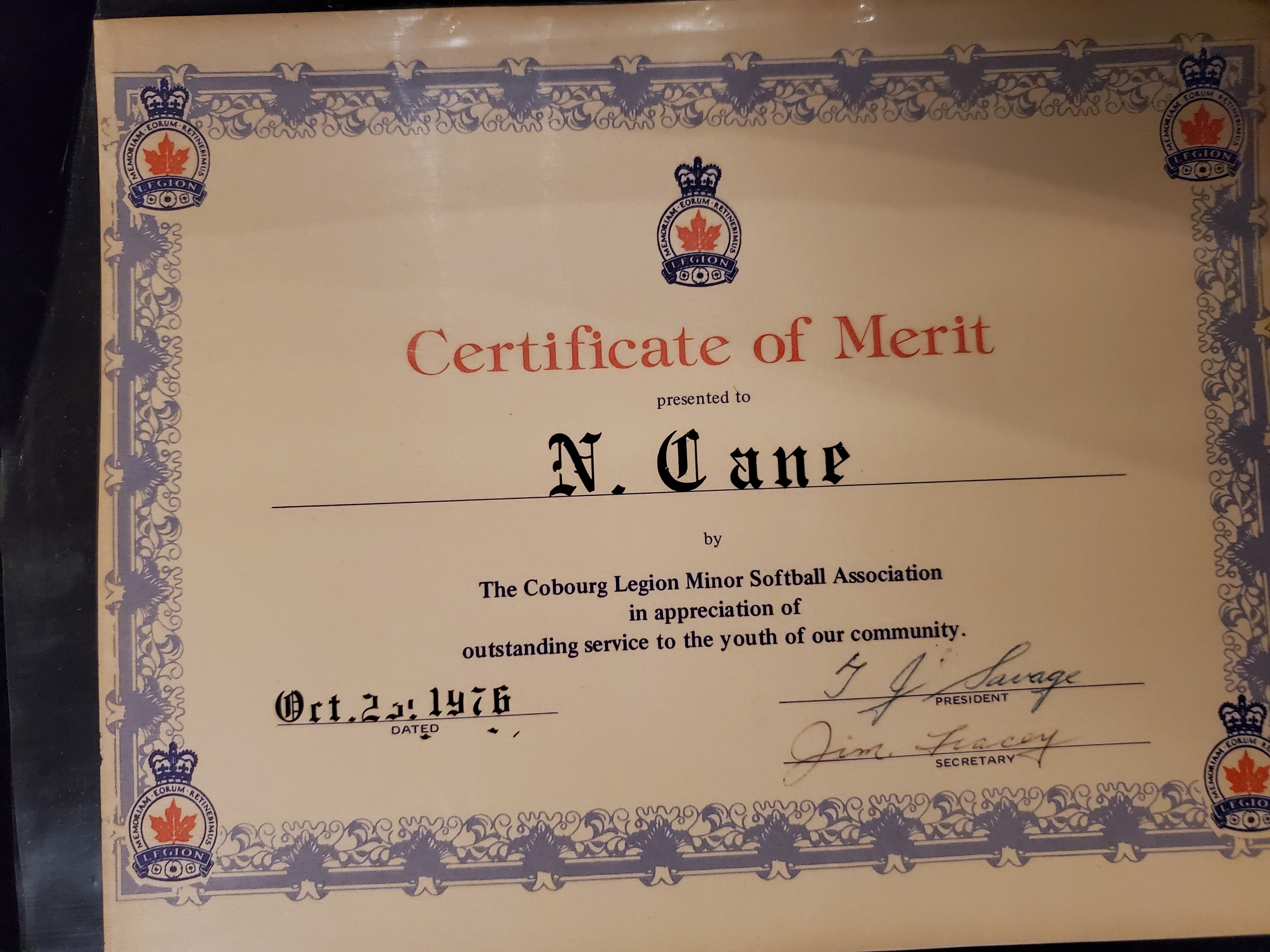 1976 Neil Cane Certificate from CLMSA