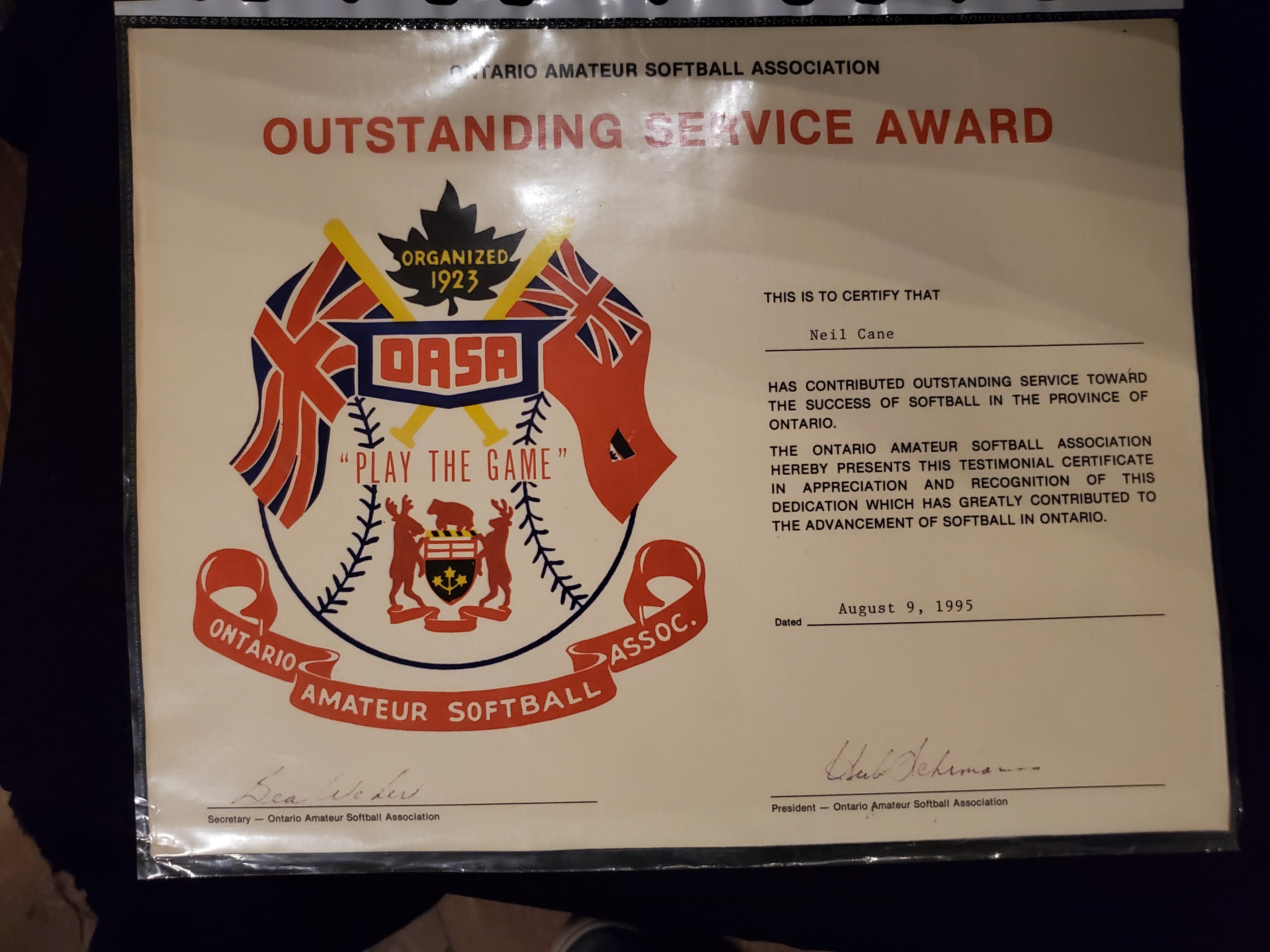 1995 Neil Cane certificate from OASA