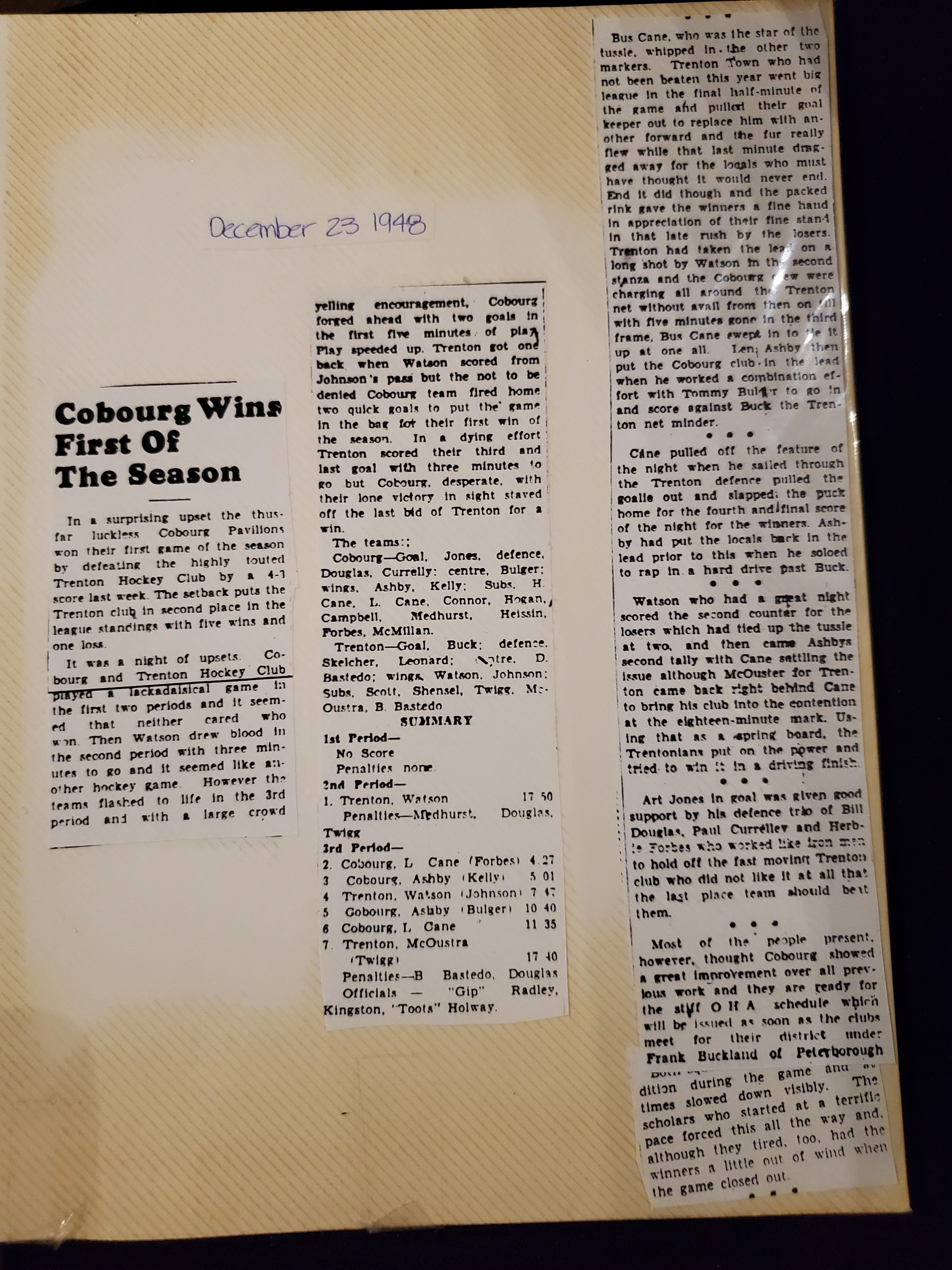 1948 Neil Cane Cobourg beat undefeated Trenton