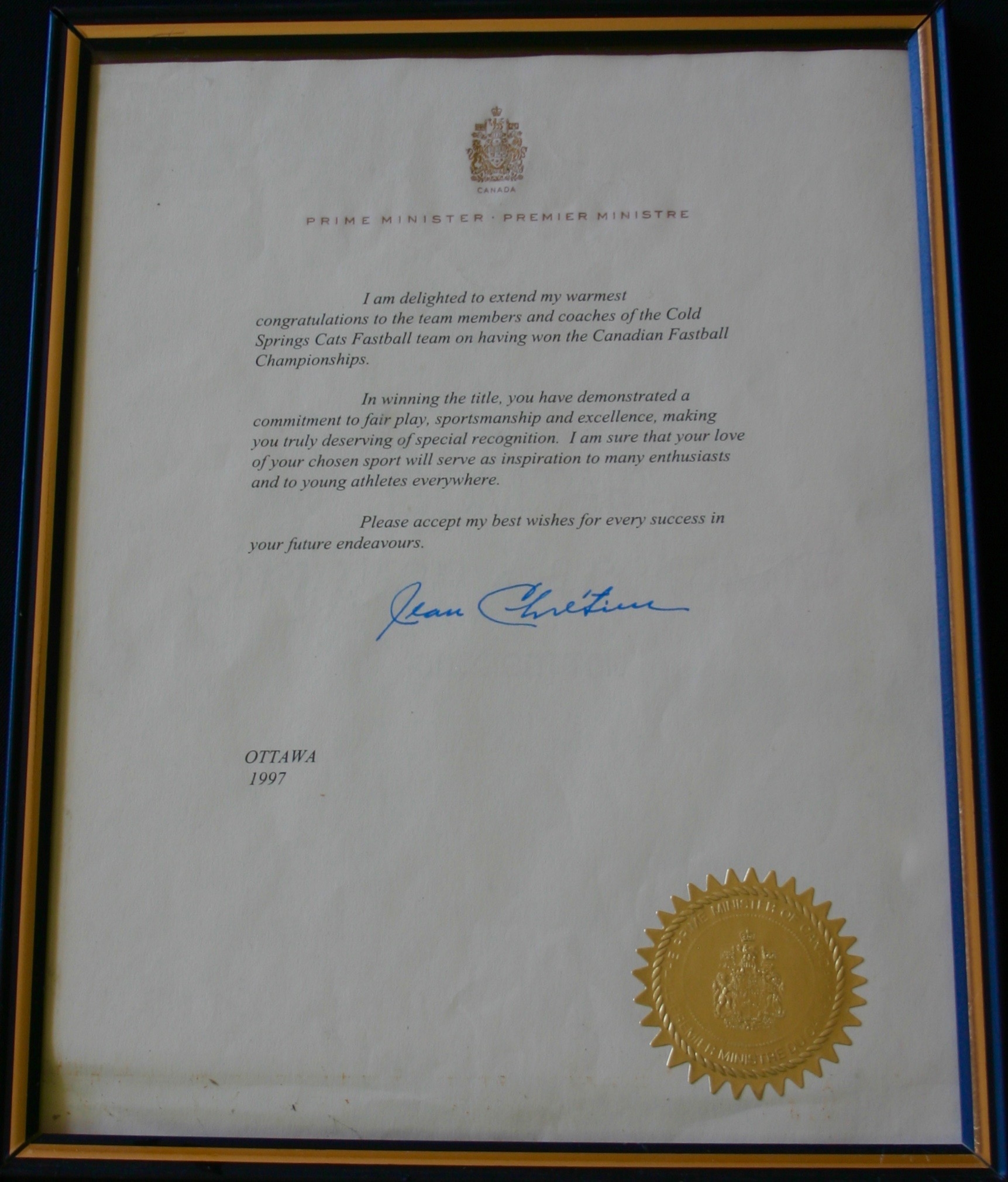 1997 Cold Springs Cats certificate PM Chretien