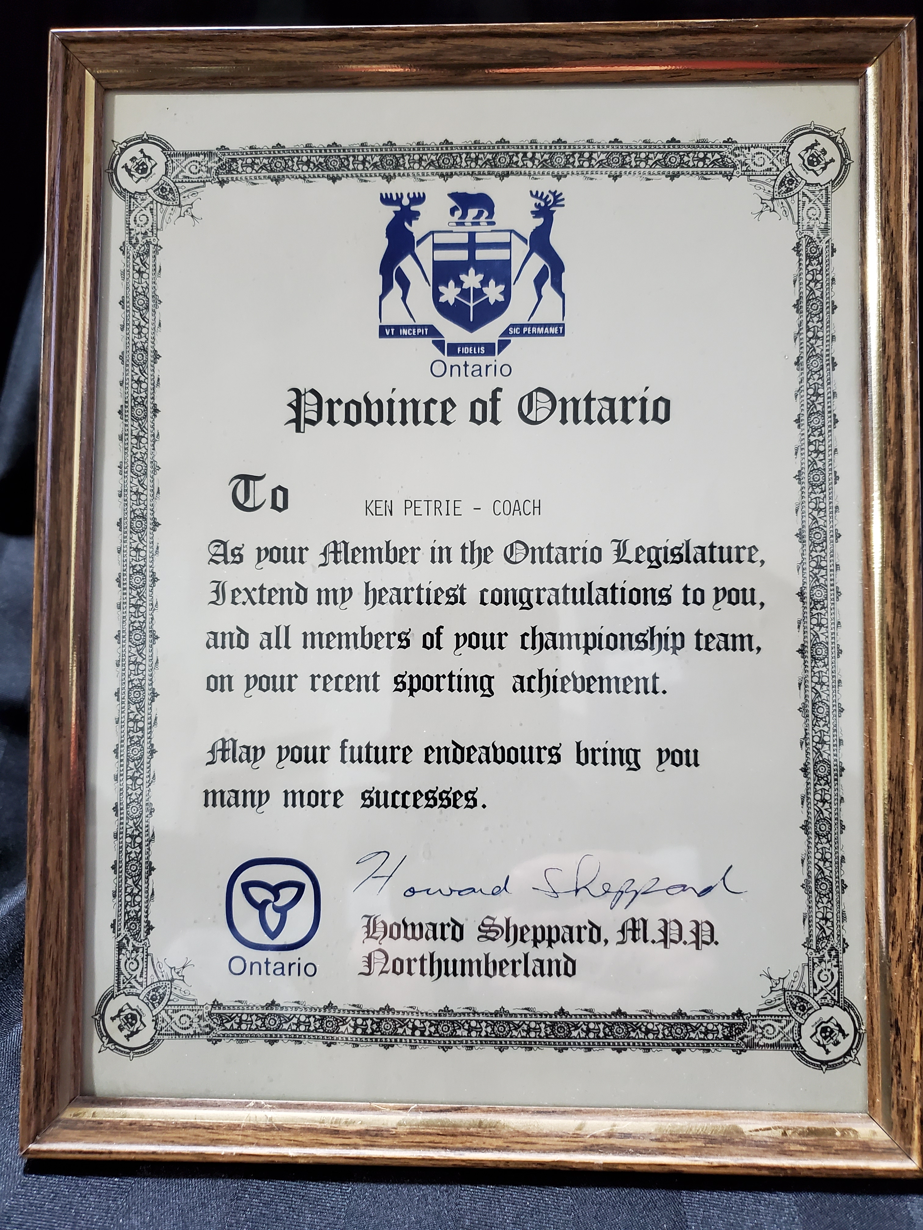 Ken Petrie certificate Ontario