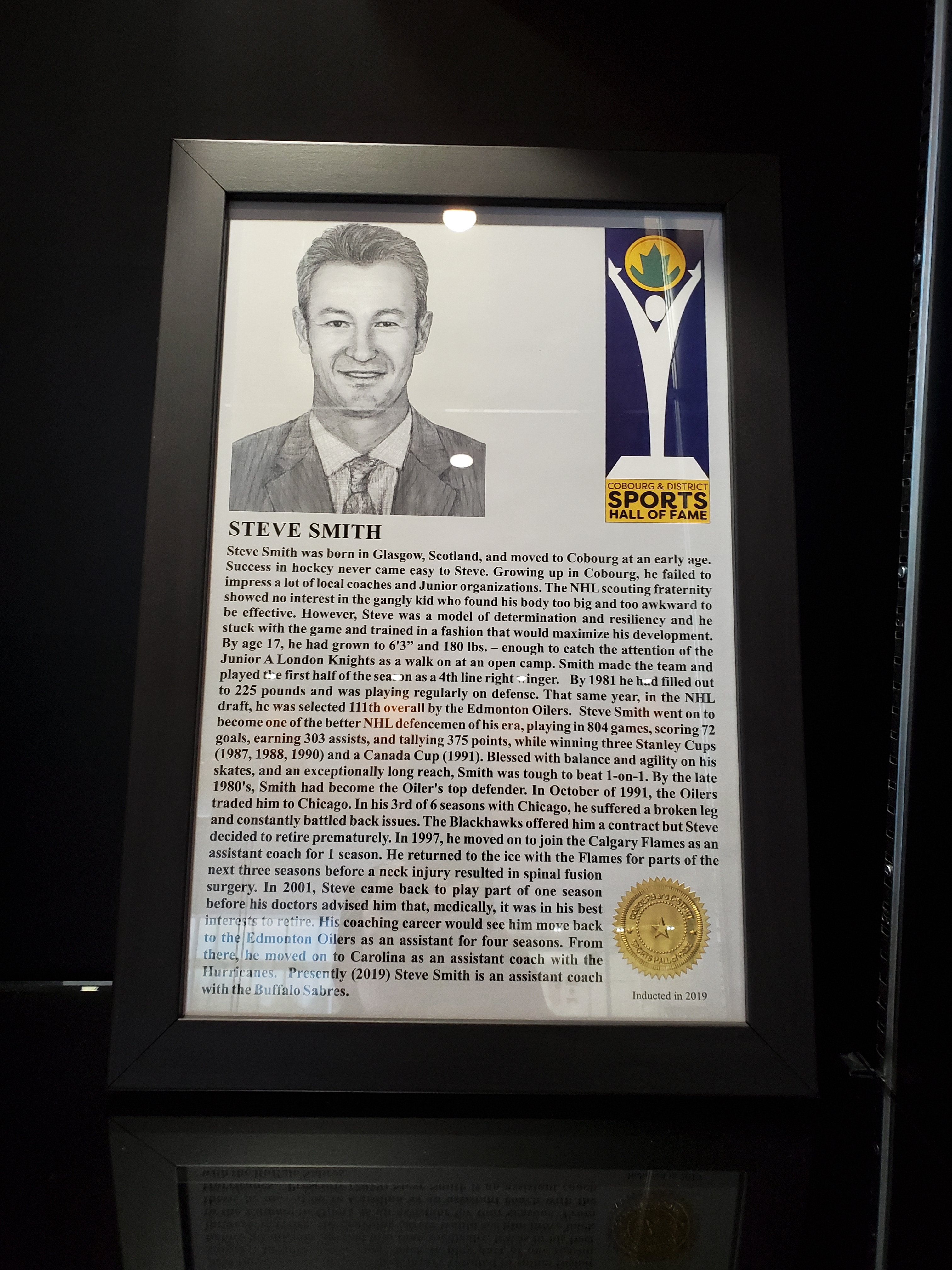 2019 Steve Smith Induction Certificate