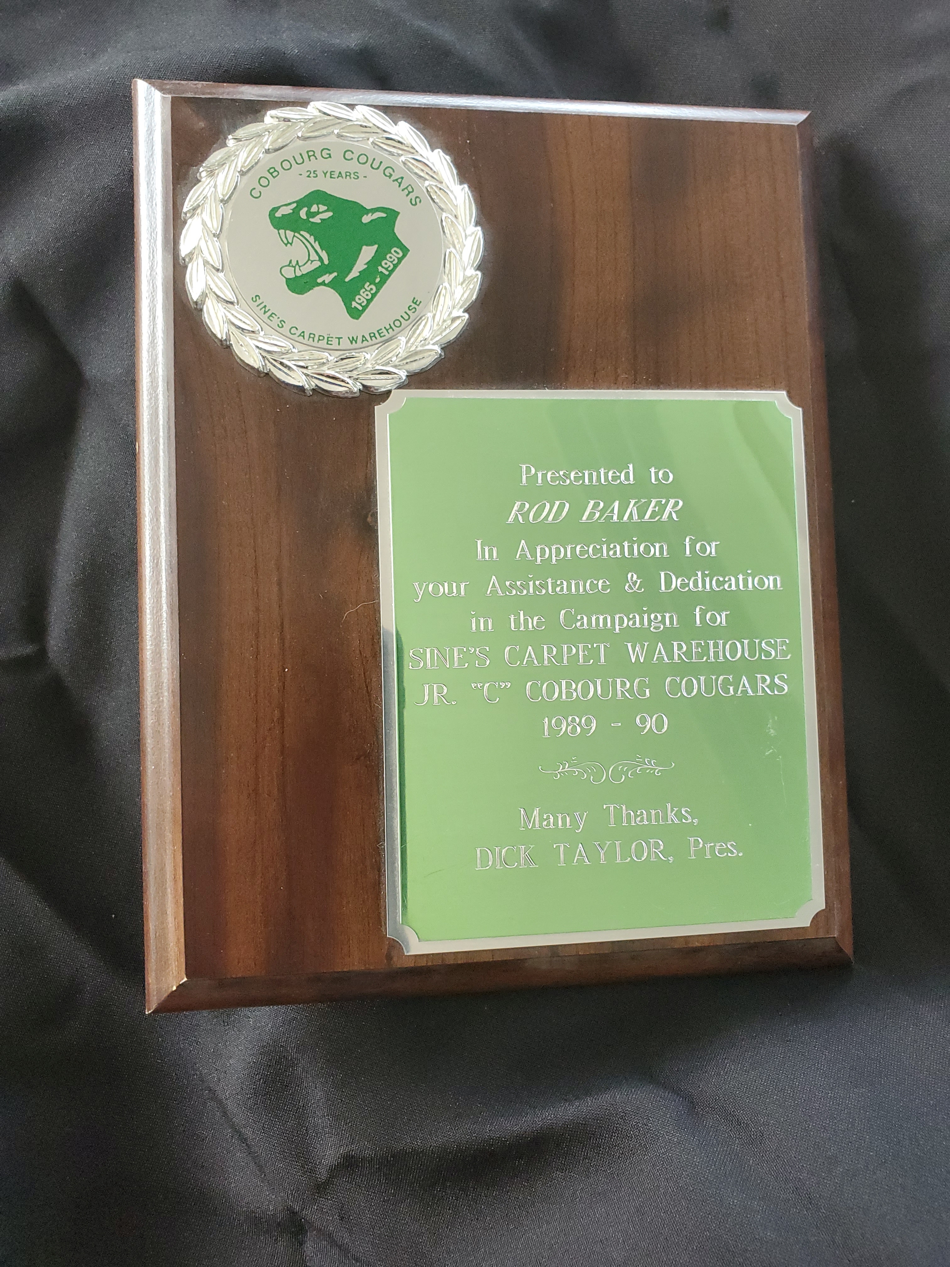 1990 Cobourg Cougars appreciation to Rod Baker