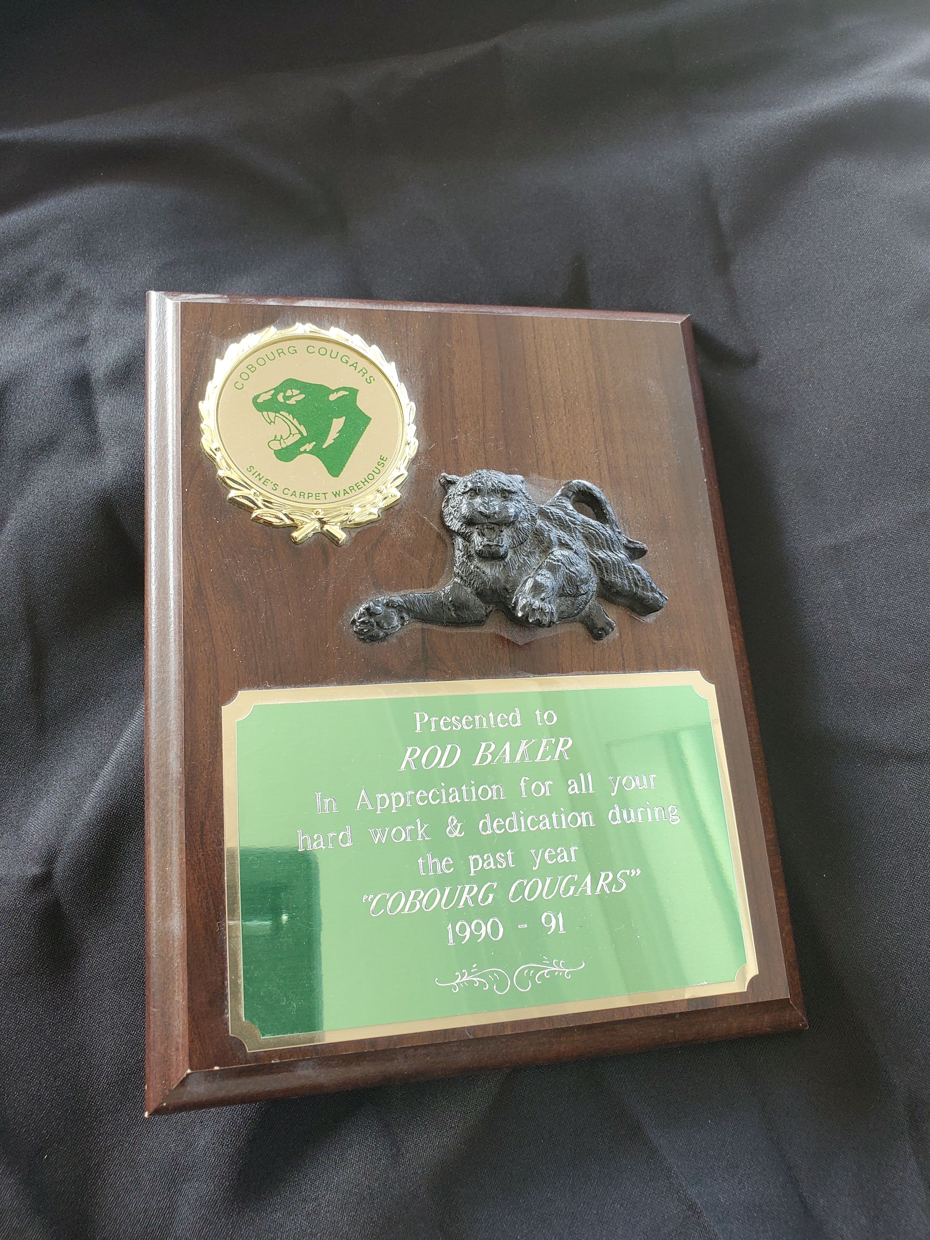 1991 Cobourg Cougars award to Rod Baker