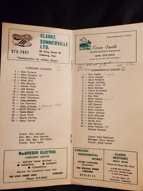 1984 Cobourg Cougar program vs Bowmanville