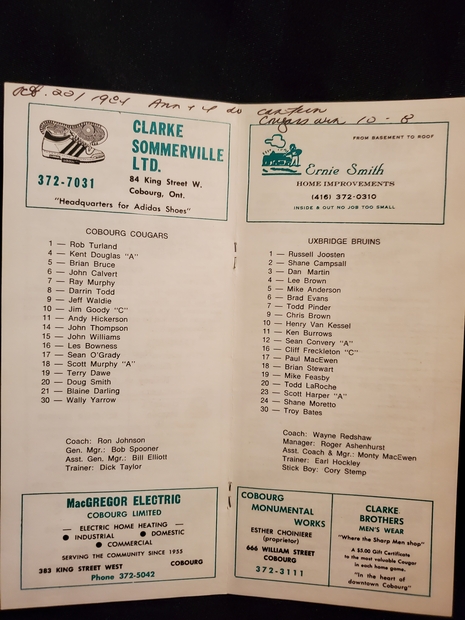 1984 Cobourg Cougar program vs Uxbridge