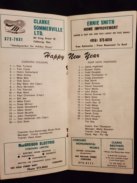 1983 Cobourg Cougars program vs Port Hope