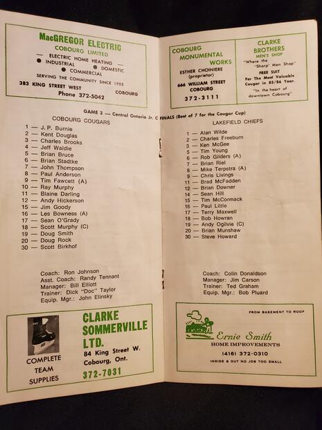 1986 Cobourg Cougar program Game 3 JrC finals