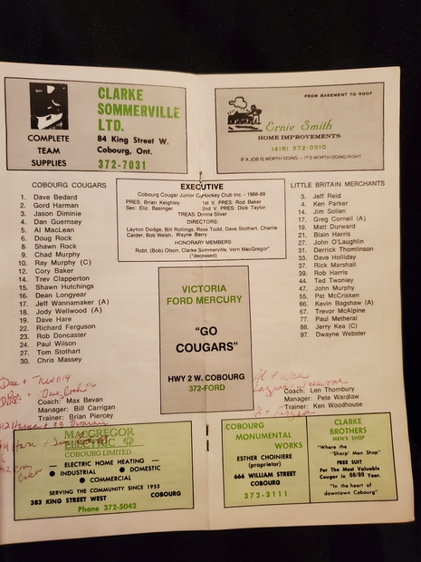 1988 Cobourg Cougars program vs Little Britain
