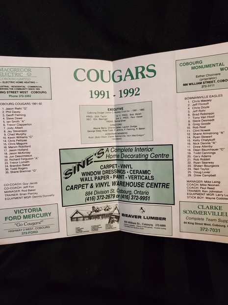 1991 Cobourg Cougar program vs Bowmanville