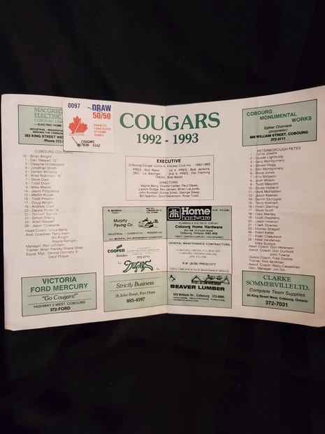 1993 Cobourg Cougars program vs Peterborough