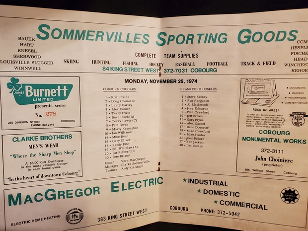 1974 Cobourg Cougars vs Frankford program November 25