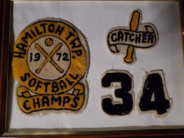 1972 Neil Cane crests in frame 'Hamilton Twp Softball Champs 1972' 'Catcher' '34'
