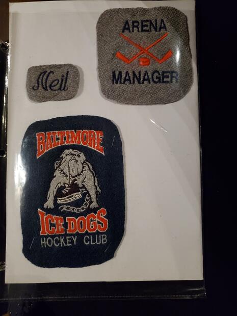 Neil Cane 3 crests 'Arena Manager' 'Baltimore Ice Dogs Hockey Club' 'Neil'
