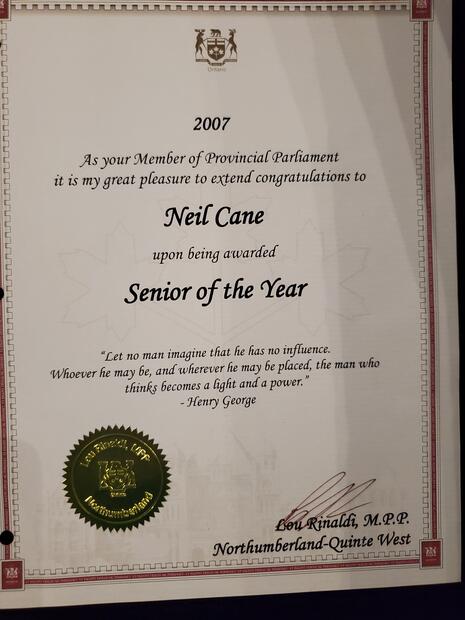 2007 Neil Cane congratulations certificate for Senior of the Year Award from Lou Rinaldi MPP