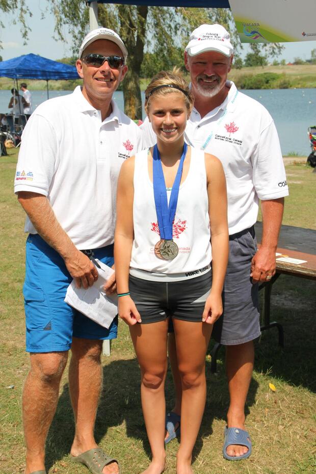 2014 CDBCC Ontario Summer Games West Ontario coaches Norm Clapp & Jeremy Fowlie w-medalist Kate Saman 