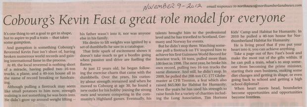 2012 Kevin Fast print story suggesting he is a great role model