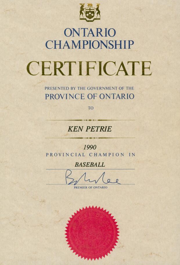 1990 Ken Petrie certificate Provincial Baseball Champion
