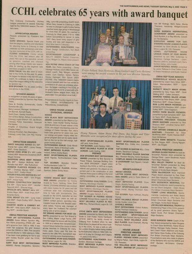 2000 Cobourg Community Hockey League annual awards