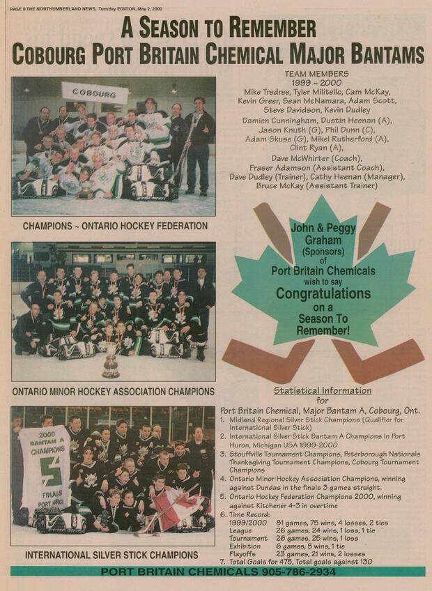 2000 CCHL Port Britain Chemical Major Bantams win OHF, OMHA, Silver Stick championships