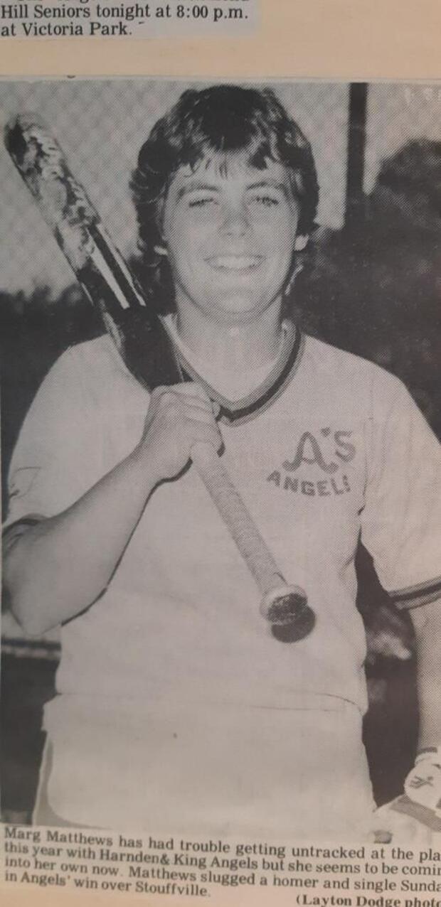 Marg Matthews swinging the bat vs Stouffville