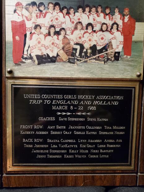 1988 United Counties Girls Select Midget Hockey Team photo plaque