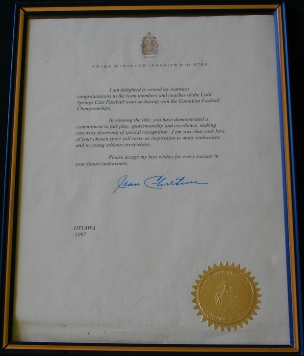 1997 Cold Springs Cats certificate PM Chretien