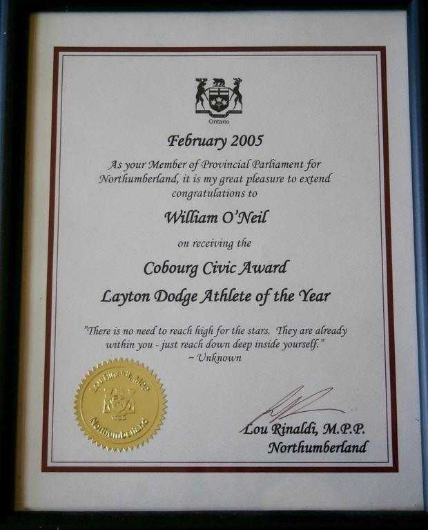 2005 Bill O'Neil certificate from Ontario