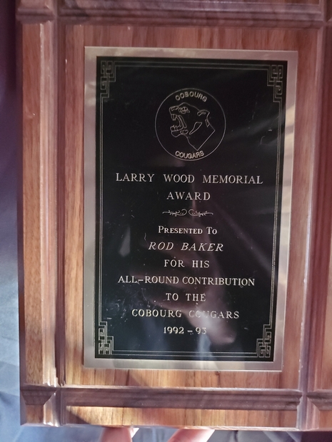 1993 Cobourg Cougars award to Rod Baker